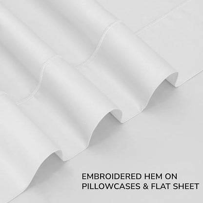 Feather & Stitch 500 TC California King Size Damask Bed Sheet Set, 100% Cotton Soft Breathable Bedsheets, 4 Piece 18" Deep Pockets Sateen Weave Striped Bedding - (Solid White)
