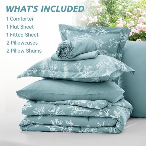 MUXHOMO Oversized King Comforter Set, Gray Blue Elegant Floral Print Bed in a Bag 7 Pieces, Soft & Breathable Reversible Botanical Pattern Bedding Set with Comforter, Sheets, Pillowcases, and Shams