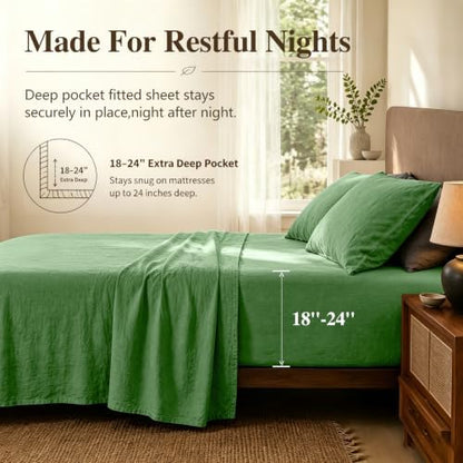 MEISHANG 100% French Linen Sheets Queen,4 Pcs,18-24" Extra Deep Pocket