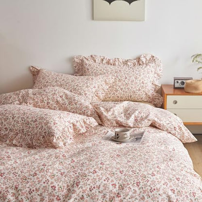 Girls Floral Comforter Set Twin XL Pink Red Flower Comforter Boho Vintage Floral Bedding Comforter with 2 Ruffle Pillow Shams Botanical Bedding Cottagecore Comforter Set Twin XL Bed for Teens Girls