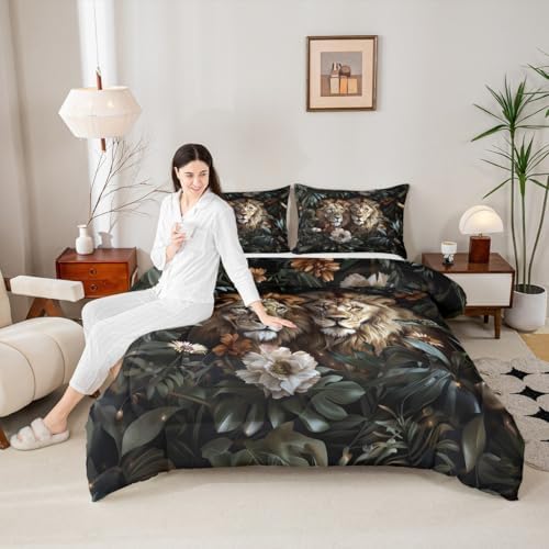 Couple Lion Kids Comforter Set King Size,Flowers Palm Leaf Tropical Rustic Bedding Set,Girls Boys Room Decor,Botanical Wildlife Jungle Animals Quilt Comforter,Vintage Duvet Insert,2 Pillowcases