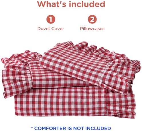 ATsense Red Gingham Ruffle Duvet Cover Set Cotton Like Linen, King