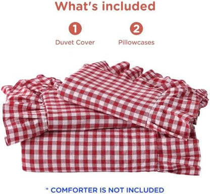 ATsense Red Gingham Ruffle Duvet Cover Set Cotton Like Linen, King