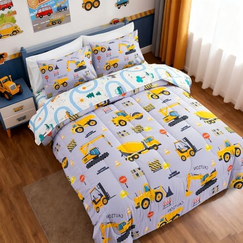 Holawakaka Construction Truck 5-Piece Twin Bed-in-A-Bag Set for Boys