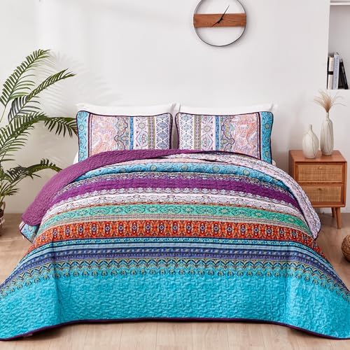 WONGS BEDDING Purple Quilt King Size, Boho Stripe Bedding Set, 110"x90"