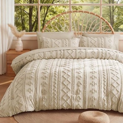 MR&HM Twin XL Comforter Set 5 Pieces Linen, Boho Tufted Bed Set for Dorm