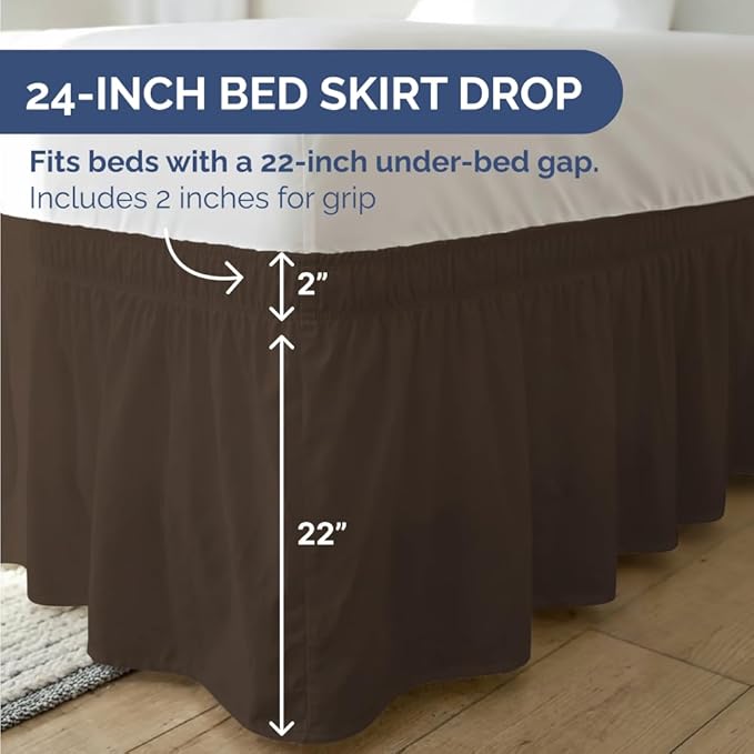Wrap Around Dust Ruffle Bed Skirt - Brown - for Full Size Beds with 24 Inch Drop - Easy Fit Elastic Strap - Adjustable Pleated Bedskirt w/Brushed Fabric - Wrinkle Free - for Women, Men, Kids & Teens