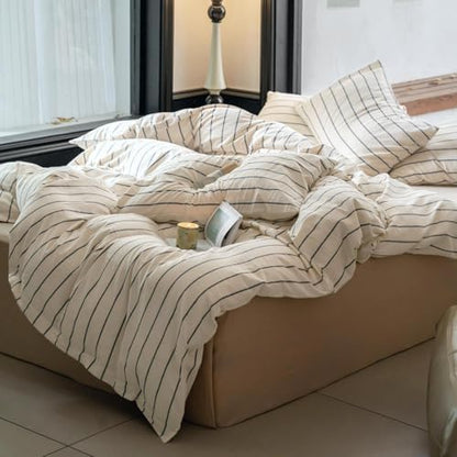 LifeTB Striped Comforter Set King Size Grey Stripes Pattern Printed Comforter 3 Pieces Lightweight Boho Bedding Comforter Set for All Seasons Breathable Soft Fluffy Beige Comforter with 2 Pillowcases