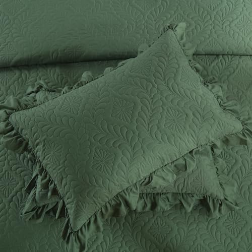 DJY Queen Quilt Set, 3 Pieces Ruffled Bedspreads Quilt, Olive Green
