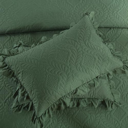 DJY Queen Quilt Set, 3 Pieces Ruffled Bedspreads Quilt, Olive Green