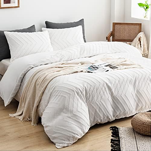 WARMDERN Boho Duvet Cover Full, Striped Textured White Tufted Bedding Set