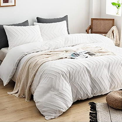WARMDERN Boho Duvet Cover Full, Striped Textured White Tufted Bedding Set