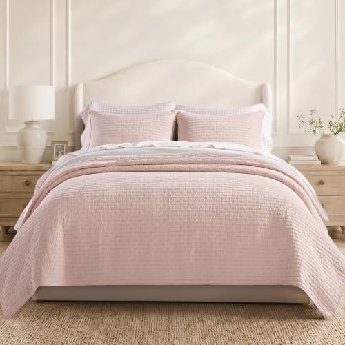 EVERGRACE 100% Cotton Cross Stitch 3-Piece Quilt Set, Queen, Ballet Pink