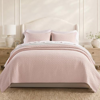 EVERGRACE 100% Cotton Cross Stitch 3-Piece Quilt Set, Queen, Ballet Pink