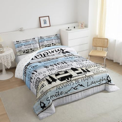 Manfei Rustic Adventure Camper Kids Comforter Set Queen Size,Happy Camping Cabin Lake House Bedding Set,Girls Boys Room Decor,Cottage Wooden Door Quilt Comforter,Country Duvet Insert,2 Pillowcases