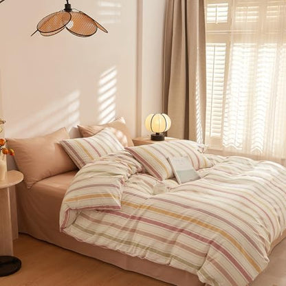 mixinni Vintage Striped Duvet Cover Set Queen, 3-Piece Washed Cotton Bedding Set - Soft, Breathable & Colorful Marble Stripe Pattern, All-Season Comforter Cover with Zipper-Queen Size