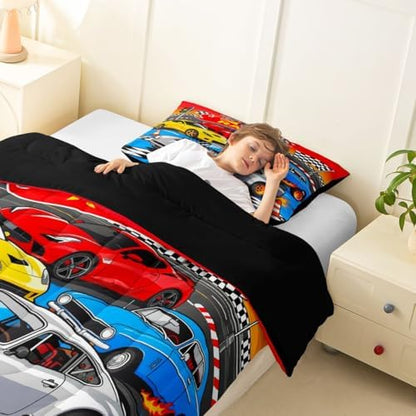 Feelyou Boys Race Car Kids Comforter Set Toddler Size Speed Sports Car Bedding Set Racing Extreme Sports Duvet Quilt for Kids Boys Girls Bedroom Automobile Decor Microfiber Ultra Soft Breathable