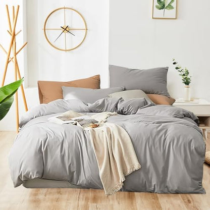 Wellboo Light Grey Comforter Sets King Solid Silver Grey Bedding Comforters Cotton Plain Elegant Gray King Size Quilts Women Men Pure Grey Comforters Aesthetic Japanese Log Style Bedding Lightweight