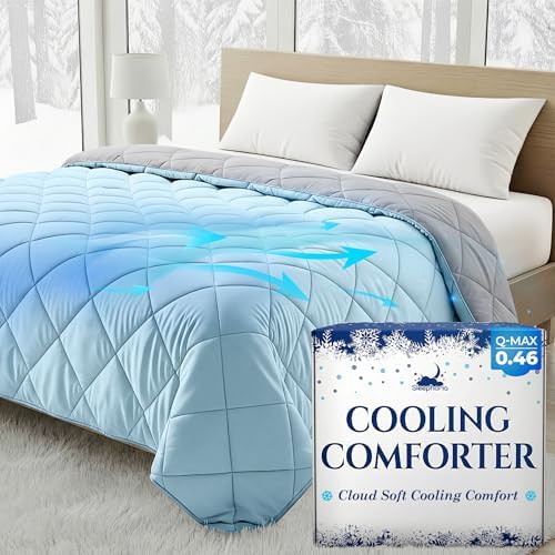 Cooling Comforter - BreezeWeave Cooling Blanket King Size for Hot Sleepers & Deep Rest - Cloud Soft, Breathable, Ultra Durable, Easy Care, Reversible - 108 x 90 in (Blue & Light Grey)