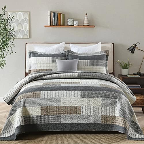 Y-PLWOMEN 100% Cotton Quilts Queen Size Farmhouse Striped 3-Pieces Bedding