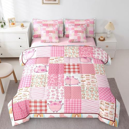 Feelyou Pink Pig 7 Piece Bedding Set Queen Size for Boys Girls