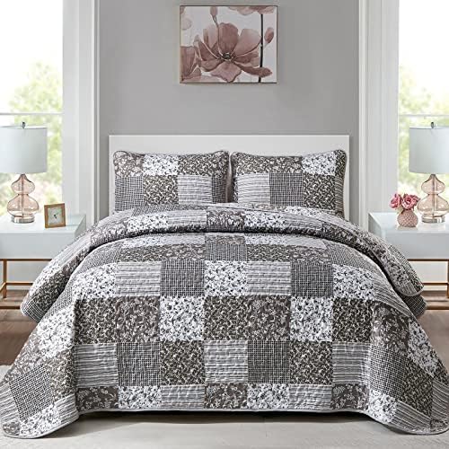 Mybedsoul Grey Boho Quilt King Size, Patchwork Floral Bedding Set