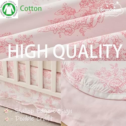 Brandream Scallop Edge Organic Cotton Crib Skirt Girls Toddler Bedskirt Baby Nursery Crib Bed Skirt Double Layer Bohemian French Country Toile with Solid Pink Pleated Dust Ruffle Farmhouse Chic Skirt