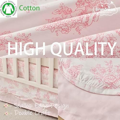Brandream Scallop Edge Organic Cotton Crib Skirt Girls Toddler Bedskirt Baby Nursery Crib Bed Skirt Double Layer Bohemian French Country Toile with Solid Pink Pleated Dust Ruffle Farmhouse Chic Skirt