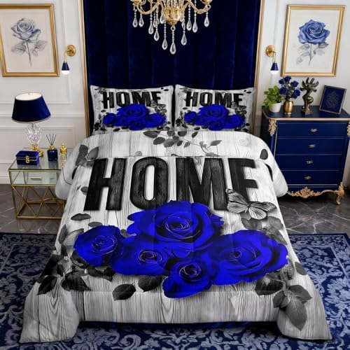 Castle Fairy Blue Rose Twin Size Comforter Set,Valentine's Day Romantic Duvet Set Soft Bed Collection,Retro Farmhouse Board Bedding Comforter for Boys Girls Bedroom,2 Pcs