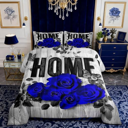 Castle Fairy Blue Rose Twin Size Comforter Set,Valentine's Day Romantic Duvet Set Soft Bed Collection,Retro Farmhouse Board Bedding Comforter for Boys Girls Bedroom,2 Pcs