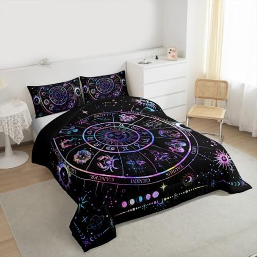 Castle Fairy Sun and Moon Comforter Set Twin Size,Starry Galaxy Zodiac Constellation Bedding Set 2Pcs for Kids Boys Girls Room Decor,Neon Blue Purple Quilt Set Hippie Boho Duvet Insert,1 Pillowcase