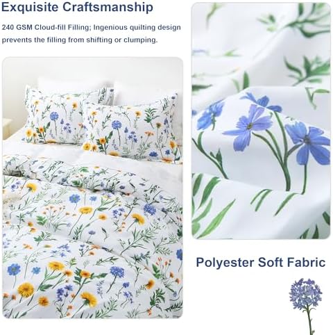 Mooreeke Floral Twin Size Comforter Sets, Dandelion Floral Botanical Patterned Bedding for All Seasons, 2-Piece Vintage Bed in a Bag with Fluffy Quilted Reversible Comforter & Pillow Sham