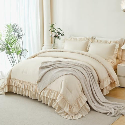 ANGIYUIN 5Pcs Beige Full Ruffle Bed in A Bag Double Ruffled Comforter Sets Solid Farmhouse Bedding Set for Girls Women Soft Lightweight Fluffy Girls Bed Sets with Sheet Sets(Beige Full)