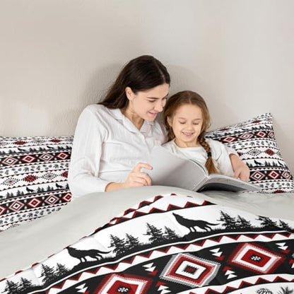 Manfei Aztec Geometric Kids Comforter Set Twin Size,Rustic Farmhouse Wolf Bedding Set for Boys Girls Room Decor,Pine Tree Country Quilt Comforter,Red Black Duvet Set Bedroom Quilt Set,1 Pillowcase