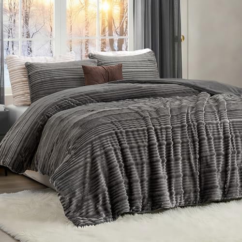 Amélie Home Fluffy King Comforter Set, Ribbed Fleece Bedding Set, Grey