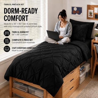 HIMEET Twin XL Comforter Set Black - 5 Pieces Pintuck Bed in a Bag