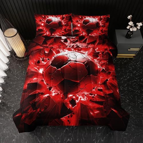 Nttopship Soccer Bedding Comforter Set Queen Size for Kids Teens and Adults, Red and Black Football Printed Bedding Sets 3 PCS,Ball Sports Themed Bedroom Decor with 1 Comforter and 2 Pillowcases