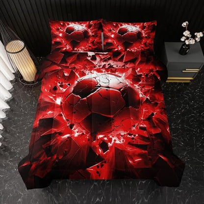 Nttopship Soccer Bedding Comforter Set Queen Size for Kids Teens and Adults, Red and Black Football Printed Bedding Sets 3 PCS,Ball Sports Themed Bedroom Decor with 1 Comforter and 2 Pillowcases