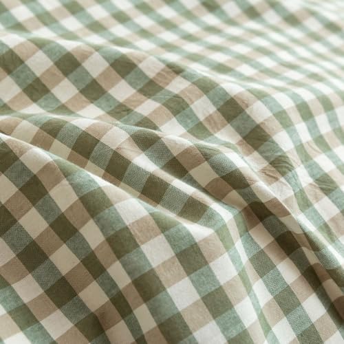 Mucalis Green Gingham Duvet Cover Queen 100% Washed Cotton Tan Plaid Checkered Vintage Grid 3 Piece Bedding Set with Zipper Closure Corner Ties,Durable,Breathable,Easy Care