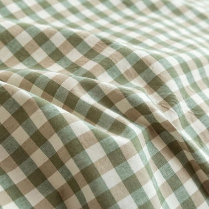Mucalis Green Gingham Duvet Cover Queen 100% Washed Cotton Tan Plaid Checkered Vintage Grid 3 Piece Bedding Set with Zipper Closure Corner Ties,Durable,Breathable,Easy Care