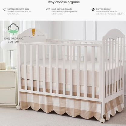Brandream Scallop Edge Cotton Crib Skirt, Baby Boy Girl Gender Neutral Crib Skirt Toddler Bedskirt Farmhouse Chic Nursery Crib Bed Skirt, Boho Bohemian Khaki Buffalo Plaid Gingham Skirt