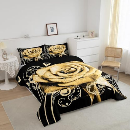 Feelyou Yellow Rose Floral Comforter Set King Size Couple Valentine's Day Botanical Comforter for Girls Women Lover Music Blossom Flowers Bedding Set Romantic Duvet Set Room Decor