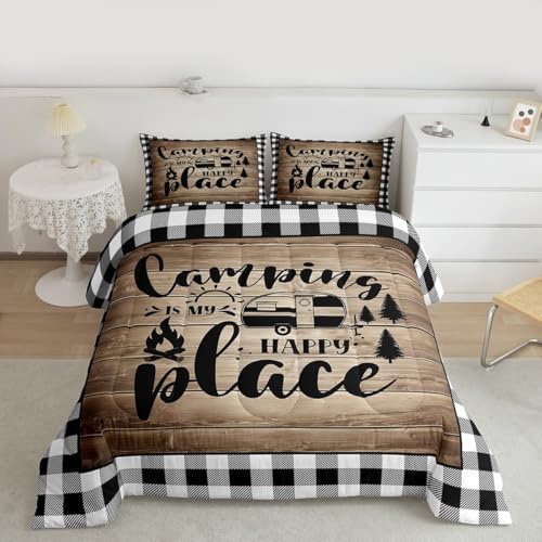 Happy Camping Comforter Set Full Size,Camper RV Trailer Decor Bedding Set 3pcs for Kids Boys Girls Adults,Rustic Wooden Plank Geometric Grids Down Comforter,Brown Retro Duvet Insert,2 Pillowcases