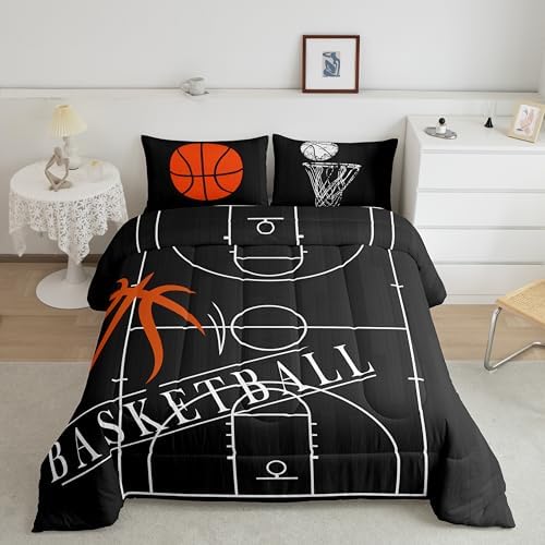 Boys Basketball Bedding Set Queen for Kids Teens Sports Theme Comforter Set, Black White Duvet Insert Ball Gamer Quilt Comforter, Cartoon Basketball Court Bedding Comforters & Sets (Black Reversible)