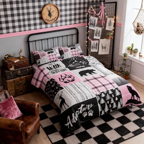 Rustic Farmhouse Comforter Set King Size,Deer Bear Wolf Hunting Animals Bedding Set for Kids Boys Girls Adults Room Decor,Pine Trees Patchwork Down Comforter,Pink Xmas Duvet Insert,2 Pillowcases