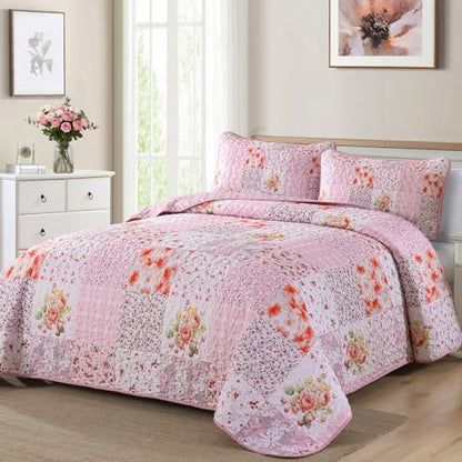 Mybedsoul Boho Quilt King Size, Patchwork Bedding Set, Pink White