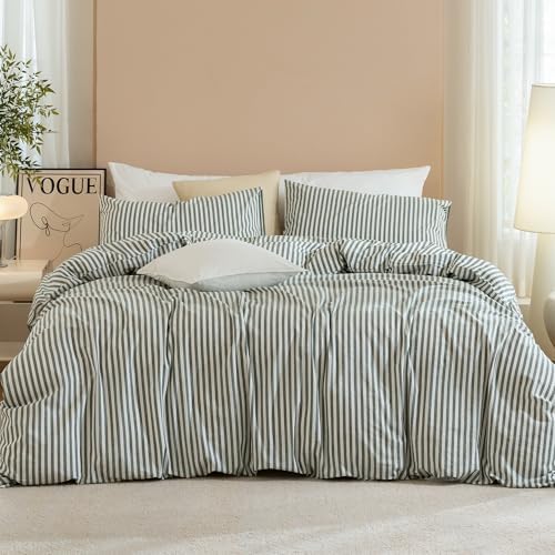 JIYUAN Twin Washed Cotton Duvet Cover Set, 2-Piece, Linen-Like Stripe