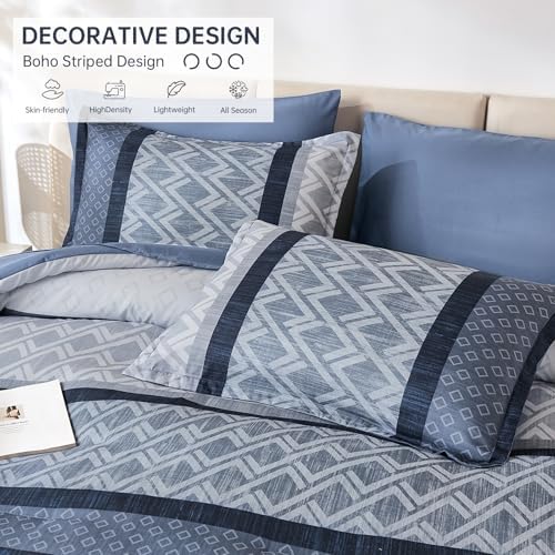 Cottolester Queen Comforter Set,Mineral Blue Boho Striped Bed in a Bag,