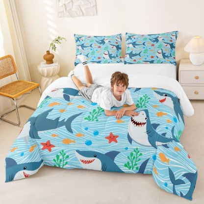 Cute Shark Comforter Set King Size,Fish Coral Bedding Set 3pcs for Kids Teens Boys Girls Room Decor,Mysterious Under Sea Animals Plants Themed Quilt Set Cartoon Blue Duvet Insert with 2 Pillowcases