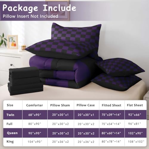 Feelyou Checkered Full Comforter Set with Sheets for Kids Boys Girls Purple Black Plaid 7 Pieces Bedding Set Cute Retro Neutral Checkerboard Geometric Bed in a Bag Vintage Aesthetic Room Decor Soft